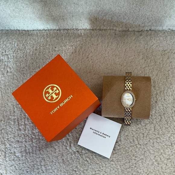 BEAUTIFUL TORY BURCH MOTHER OF PEARL PAVE EMBELLISHED GOLD TONE WATCH - Picture 2 of 16